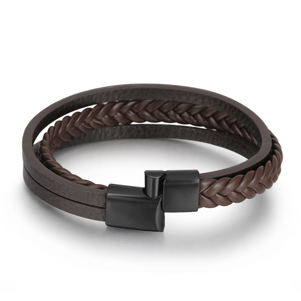 Vintage Leather Rope Braided Bracelet Ethnic Style Magnetic Snap Men's Bracelet