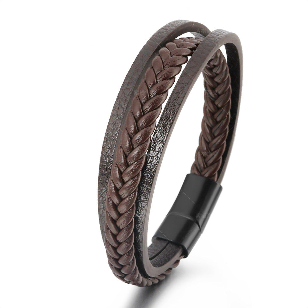 Vintage Leather Rope Braided Bracelet Ethnic Style Magnetic Snap Men's Bracelet