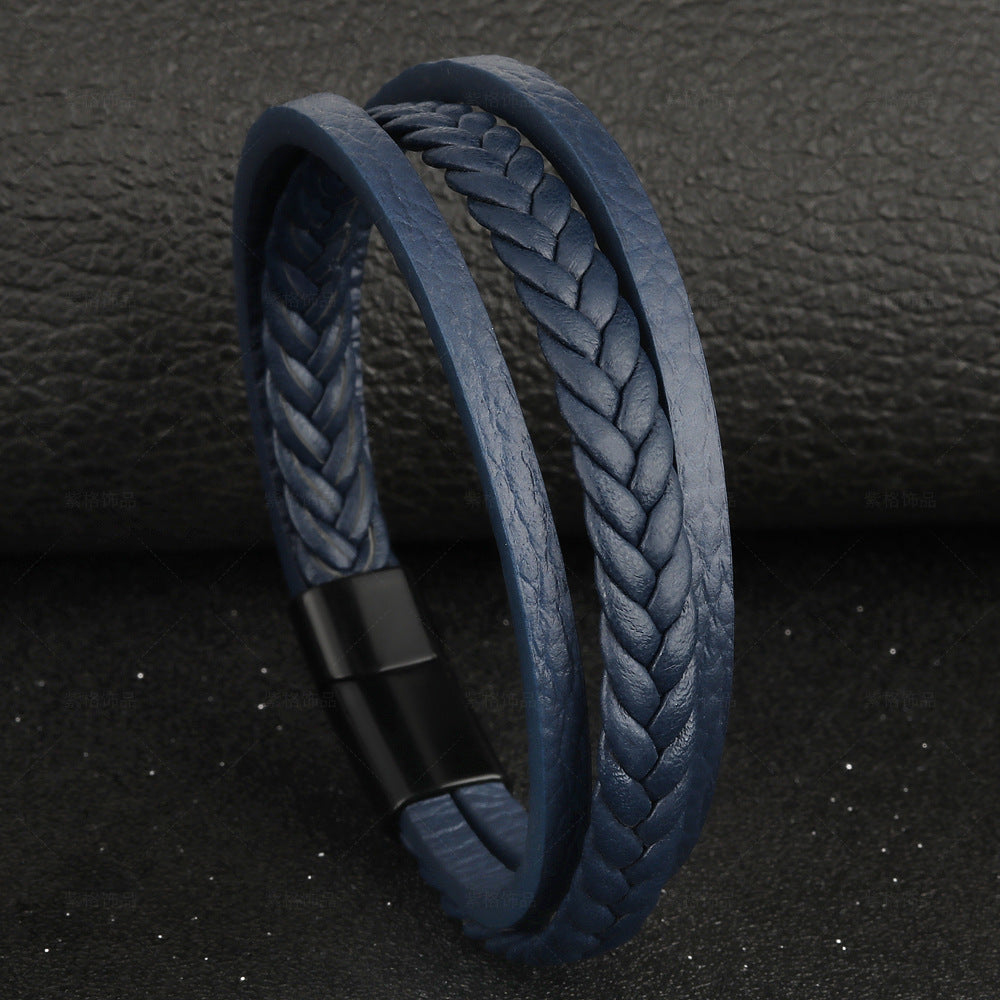 Vintage Leather Rope Braided Bracelet Ethnic Style Magnetic Snap Men's Bracelet