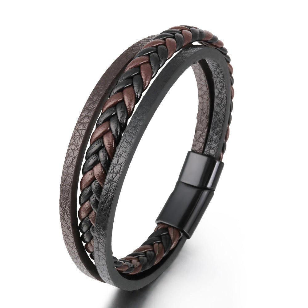 Vintage Leather Rope Braided Bracelet Ethnic Style Magnetic Snap Men's Bracelet