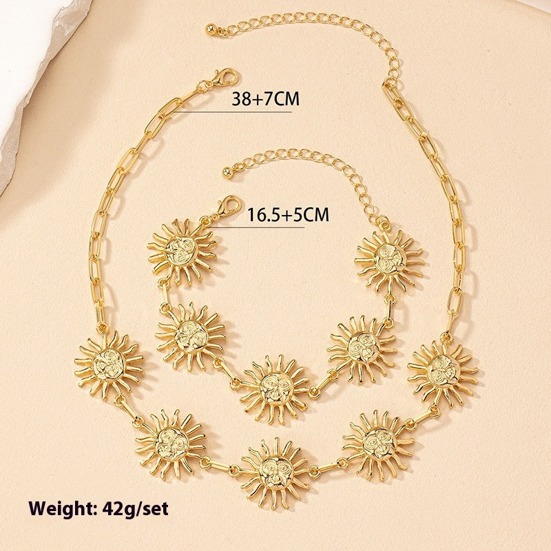 Exaggerated Fashion Sun Bracelet And Necklace Set Female Niche Personality Design Sense Hip Hop Clavicle Chain Male
