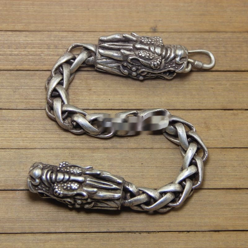 Vintage Vintage Antique Crafts White Copper Miao Silver Double Chinese Dragon Heads Bracelet
