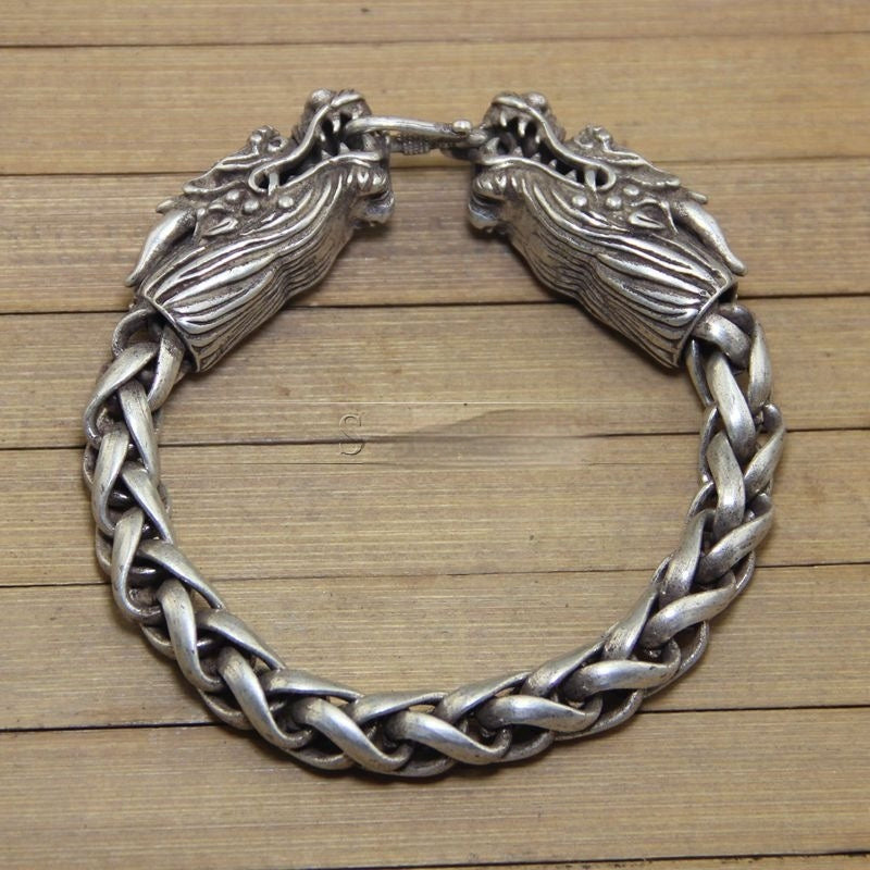 Vintage Vintage Antique Crafts White Copper Miao Silver Double Chinese Dragon Heads Bracelet