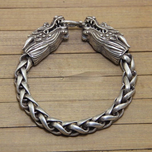 Vintage Vintage Antique Crafts White Copper Miao Silver Double Chinese Dragon Heads Bracelet