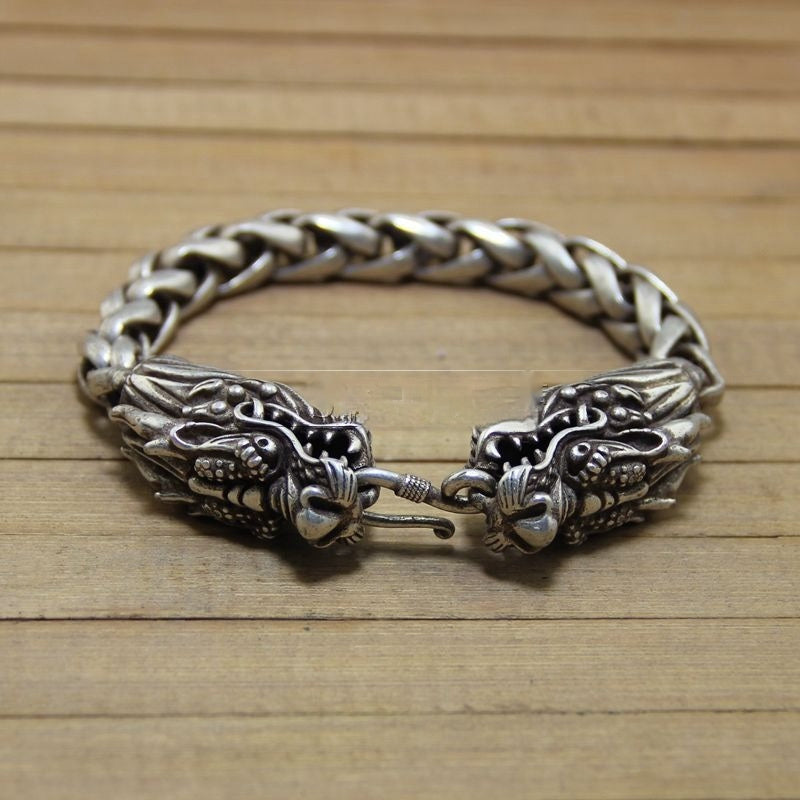 Vintage Vintage Antique Crafts White Copper Miao Silver Double Chinese Dragon Heads Bracelet