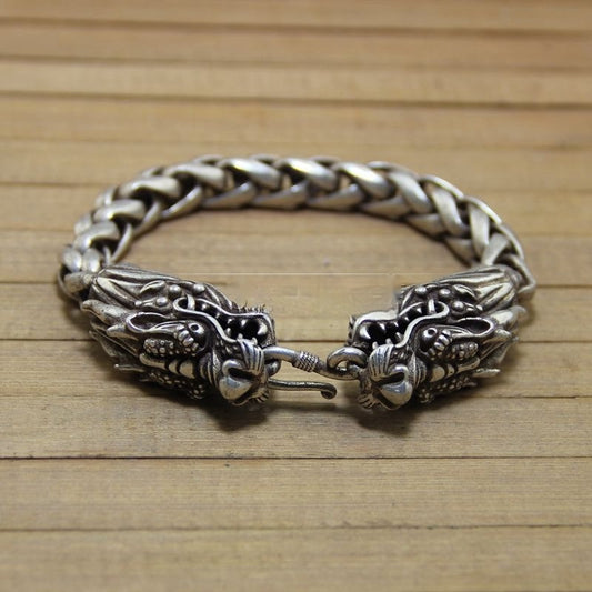 Vintage Vintage Antique Crafts White Copper Miao Silver Double Chinese Dragon Heads Bracelet