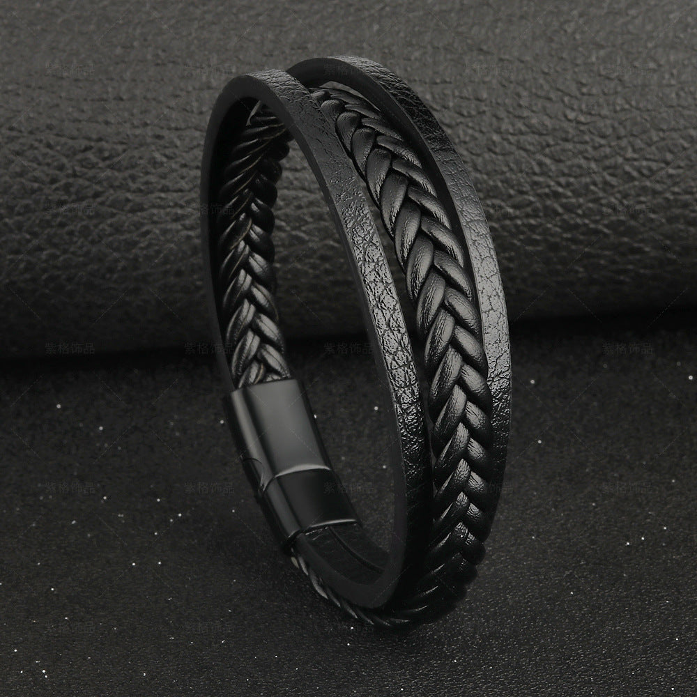 Vintage Leather Rope Braided Bracelet Ethnic Style Magnetic Snap Men's Bracelet