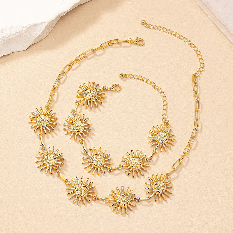 Exaggerated Fashion Sun Bracelet And Necklace Set Female Niche Personality Design Sense Hip Hop Clavicle Chain Male