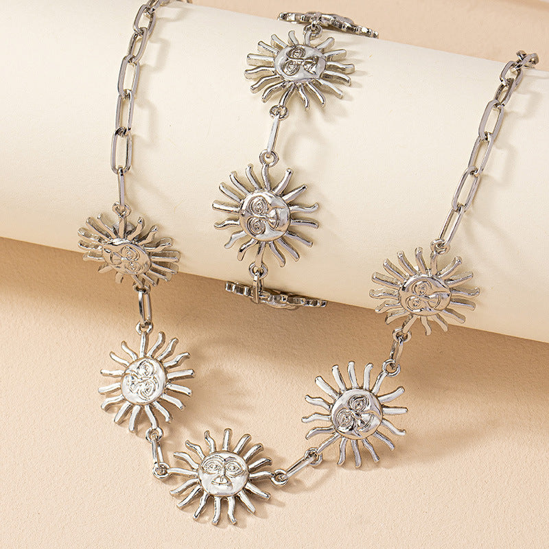 Exaggerated Fashion Sun Bracelet And Necklace Set Female Niche Personality Design Sense Hip Hop Clavicle Chain Male