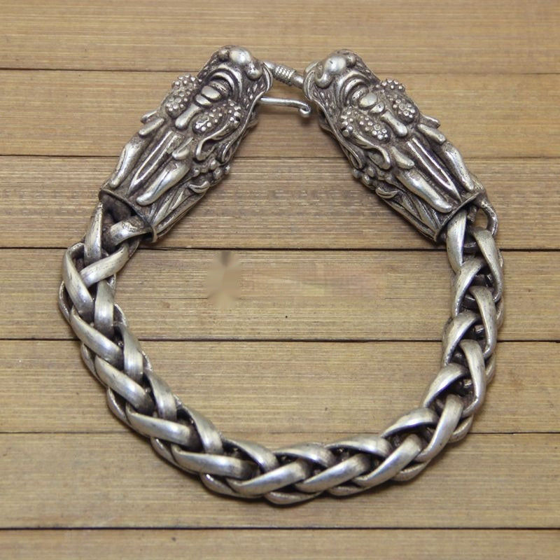 Vintage Vintage Antique Crafts White Copper Miao Silver Double Chinese Dragon Heads Bracelet