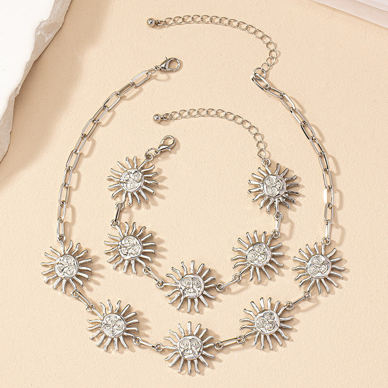 Exaggerated Fashion Sun Bracelet And Necklace Set Female Niche Personality Design Sense Hip Hop Clavicle Chain Male