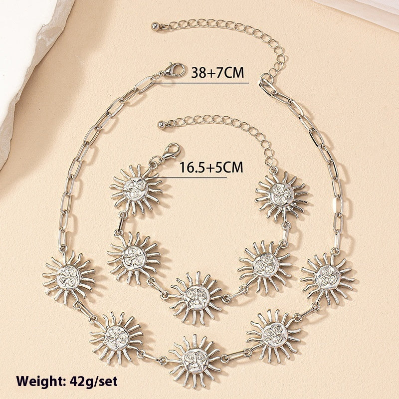 Exaggerated Fashion Sun Bracelet And Necklace Set Female Niche Personality Design Sense Hip Hop Clavicle Chain Male