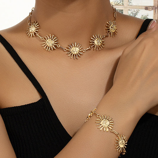Exaggerated Fashion Sun Bracelet And Necklace Set Female Niche Personality Design Sense Hip Hop Clavicle Chain Male