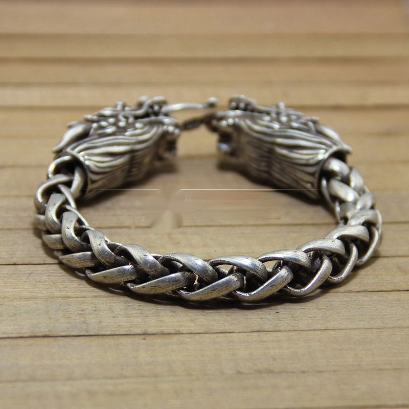 Vintage Vintage Antique Crafts White Copper Miao Silver Double Chinese Dragon Heads Bracelet