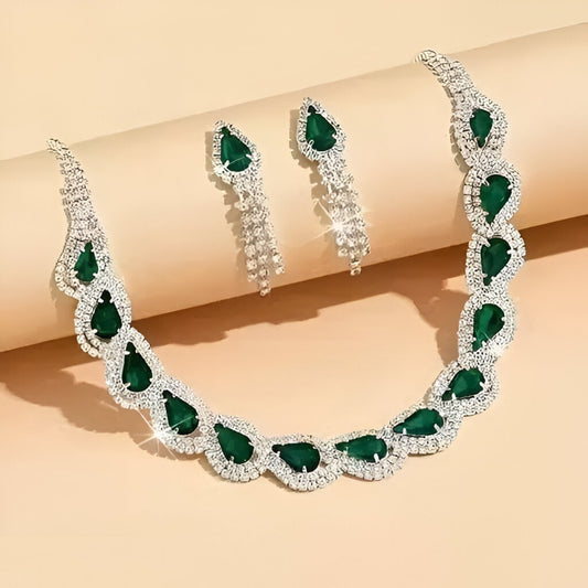 Green Teardrop Crystal Jewelry Set with Diamond Accents